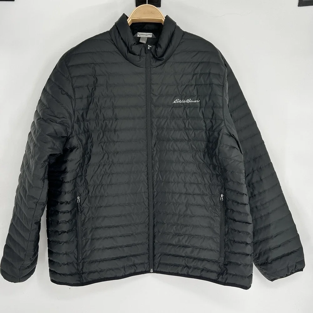 Eddie Bauer Puffer Jacket Mens 2XL Black Solid Full Zip Down Filled Quilted Logo